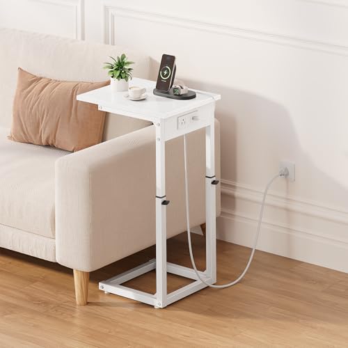 Vagusicc C Shaped End Table with Charging Station, C Table End Table Adjustable Height Sofa Table, Side Table for Couch, Couch Table that Slide Under, TV Tray Arm Table for Living Room,Bedroom, White - color: White, style: Charging Station