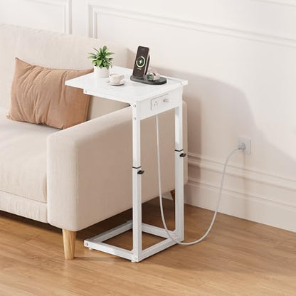 Vagusicc C Shaped End Table with Charging Station, C Table End Table Adjustable Height Sofa Table, Side Table for Couch, Couch Table that Slide Under, TV Tray Arm Table for Living Room,Bedroom, White - color: White, style: Charging Station