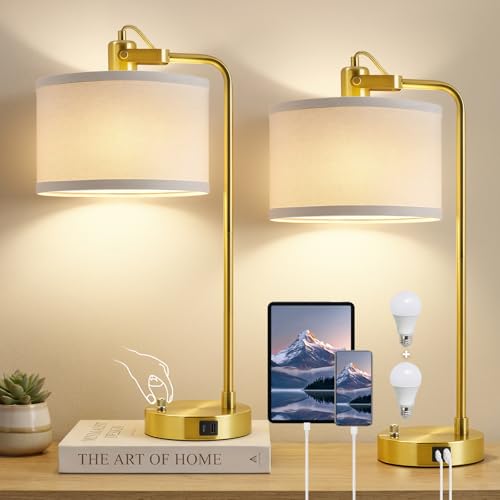 24‘’ Gold Table Lamp Set of 2 with USB A and C Ports, 180° Adjustable Stepless Dimming Bedside Lamps for Night Stands, E26 Bare Bulb Compatible, Industrial Nightstand Lamp, 9W LED Bulb Included - color: Gold-A
