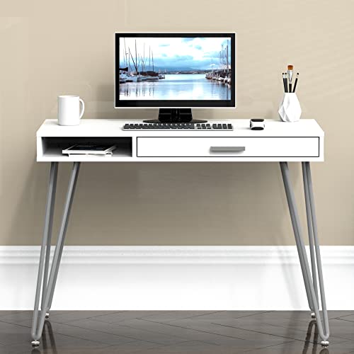 SHW Home Office Computer Hairpin Leg Desk with Drawer, White - color: White