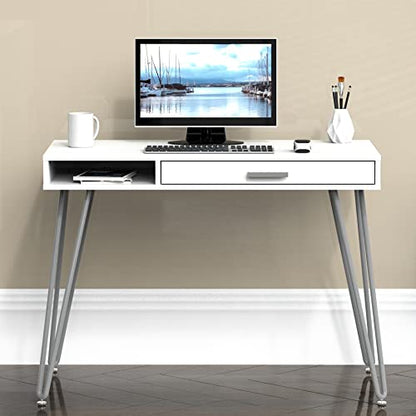 SHW Home Office Computer Hairpin Leg Desk with Drawer, White - color: White