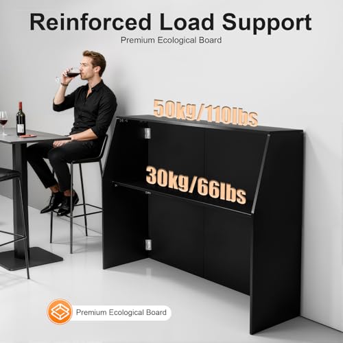 47.75" Foldable Portable Event Bar Cabinet - Mobile Bartending Station with Top & Middle Shelves, Strong Load Capacity, Complete Accessories for Parties, Picnics, Barbecues & Catering (Black)