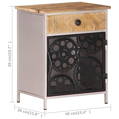 Industrial Bedside Cabinet, Rough Mango Wood with Natural Finish, Silver Iron Frame, 11.8x15.7x19.7 Inches, Storage Drawer & Door, Unique Bicycle Chain Wheel Design