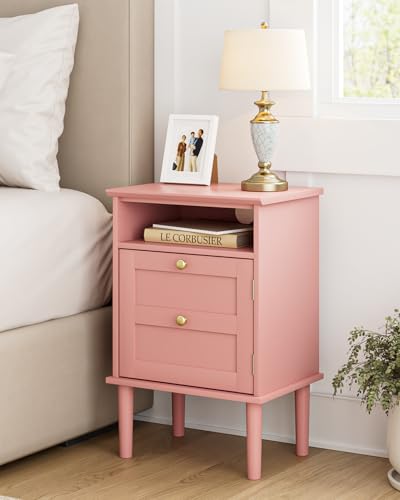 Nightstand, Boho Night Stand with 1 Drawers, Modern Side Accent Table with Open Shelf, Wooden Top Bedside End Table for Bedroom, Living Room, Pink - color: Pink
