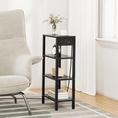 TUTOTAK Narrow Side Table Set of 2, Small End Table with Charging Station | 4-Tier Skinny Sofa Table, Slim Nightstand, Easy Assembly for Living Room, Bedroom, Black TB01BK0802 - color: Black, size: 4-tier