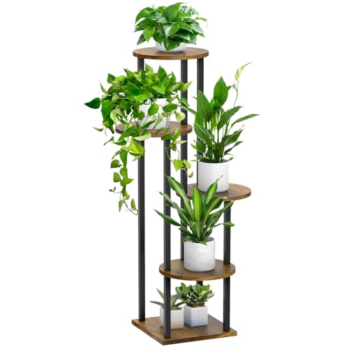 5 Tier Plant Stand Indoor, Metal Wooden Tall Plant Shelf Flower Pot Stand for Multiple Plants, Corner Flower Holder Plant Display Rack for Living Room Balcony Patio Garden (Rustic Brown) - color: Brown-5