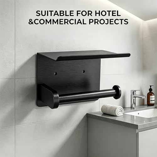 Stainless Steel Wall Mounted Toilet Paper Holder with Phone Stand - Bathroom Accessory for Mega Rolls (Matte Black)