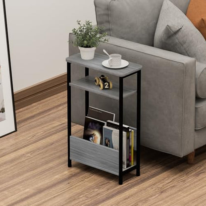 THUMEYE 7.1" Narrow Side Table for Small Spaces, 3 Tier Small End Table with Magazine Holder, Slim/Skinny Nightstand/Bedside Table for Living Room, Bedroom, 15.4" L x 24.2" H, Gray - color: Grey