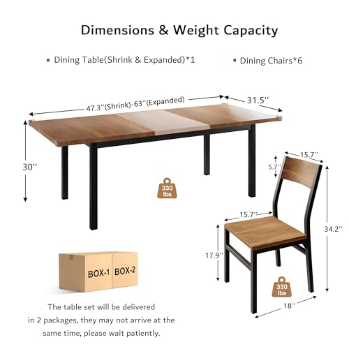 iPormis 7-Piece Dining Table Set with 6 Chairs, 63" Extendable Kitchen Table & Chairs Set for 4-6, Dining RoomTable with Solid Metal Frame & MDF Board, Perfect for Small Space, Easy Assembly, Walnut - color: Walnut