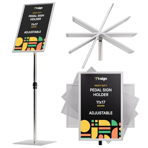 T-SIGN 31.5 to 48 Inch Pedestal Sign Holder - Adjustable Floor Sign Stand for 11x17 Displays, Heavy Duty Outdoor Sign Holder with Square Base for Restaurants, Retail, Trade Shows, and Events (Silver) - size: 11 X 17 Inches, Silver