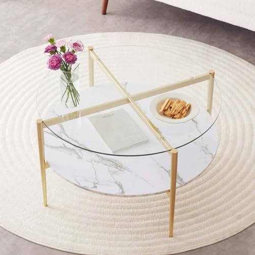 LumFurn Round Coffee Table for Living Room, Mid-Century Modern Design, D30 x H17, 2-Tier Structure, Clear Glass Top and White Marble Finish Wood Shelf, Sleek Conical Metal Legs with Gold Finish Frame - color: Clear & White Marble, size: D30" Round Coffee