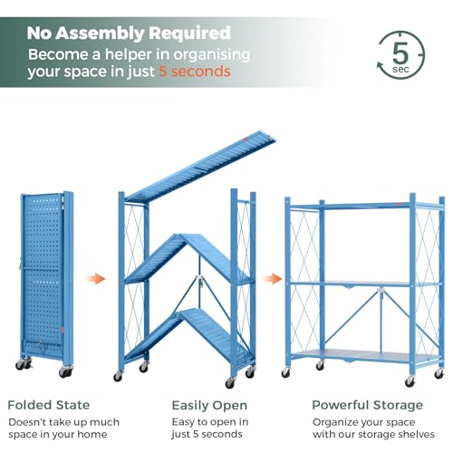 DEANIC 3 Tier Foldable Storage Shelves with Wheels, Kitchen Appliance Stand, Freestanding Metal Wire Shelf Rack, No Assembly Organizer Rolling Cart for Garage, Basement, Pantry(Blue Pack of 2) - color: Blue