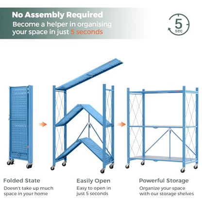 DEANIC 3 Tier Foldable Storage Shelves with Wheels, Kitchen Appliance Stand, Freestanding Metal Wire Shelf Rack, No Assembly Organizer Rolling Cart for Garage, Basement, Pantry(Blue) - color: Blue