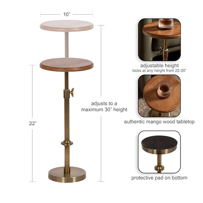Kate and Laurel Engles Modern Adjustable-Height Pedestal Drink Table, 10 x 10 x 30, Walnut Brown and Brass, Mid-Century Round Indoor Metal Plant Stand with Solid Wood Tabletop
