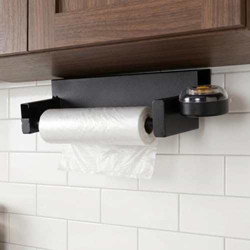 Heavy Duty Grocery Bag Holder for Plastic Produce Rolls - Stainless Steel Shopping Bag Dispenser with Moistener - Wall Mounted Storage Rack for Supermarket, Store, Kitchen - Black