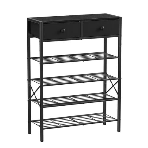 Shoe Rack for Entryway, 5 Tier Shoe Organizer with 2 Non-Woven Drawers, Metal Storage Shoe Shelf for 16-20 Pairs of Shoes, with Wooden Top and Steel Frame, Shoe Stand for Closet Charcoal - color: Charcoal, size: 5-Tier