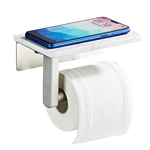 Brushed Nickel Toilet Paper Holder with Shelf, 304 Stainless Steel Screw Wall Mounted, Marble Tissue Roll Holder with Storage - color: Brushed Nickel
