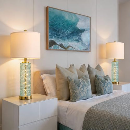 Oneach 27.75" Coastal Table Lamps Set of 2, Clear Blue Bedside Lamp with Glass Nightlight, USB A+C, Unique Desk Lamps for Living Room, Bedroom, Nightstand, End Table (2 Bulbs Included) - color: Clear Blue - White Shade