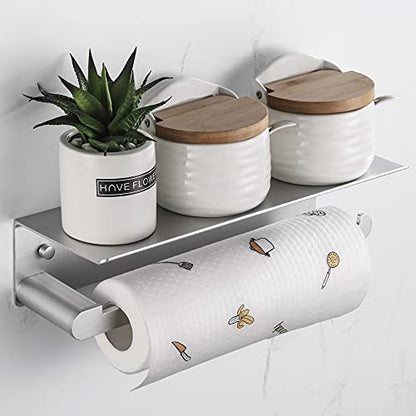 DUFU Paper Towel Holder Wall Mount for Kitchen, Silver | Self-Adhesive,Paper Towel Holder With Shelf for Bathroom, Anti-Rust Aluminum, No Drill or Wall-Mounted with Screws - color: Silver
