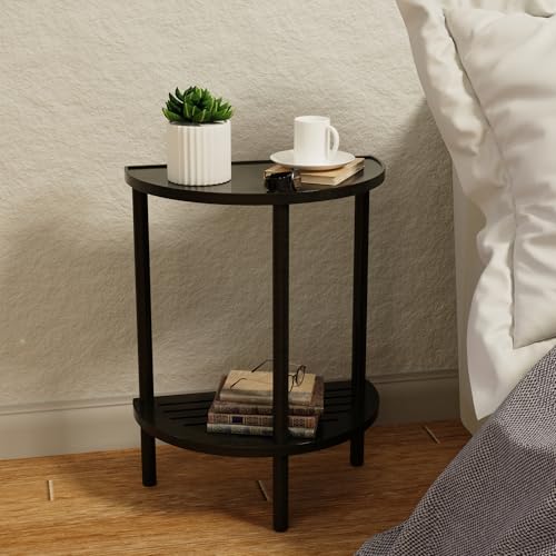 End Table, Half Moon Side Tables, Living Room Half Round 2 Tier Table for Small Space, Living Room Bedroom Couch Tables with Storage Shelf (Black)