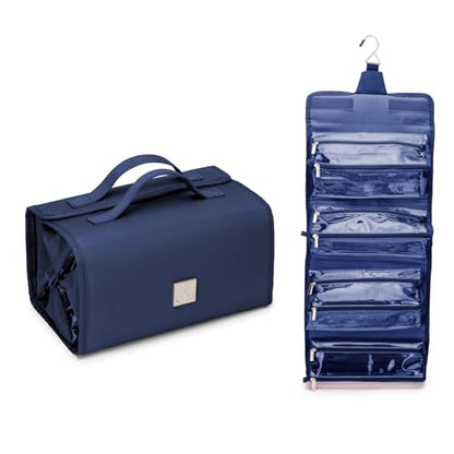 Roll Up Makeup Bag, Travel Toiletry Bag for Women with 4 Clear TSA Approved Pouches, Hanging Travel Organizer, Folding Cosmetic Bag for Men and Women - color: Navy