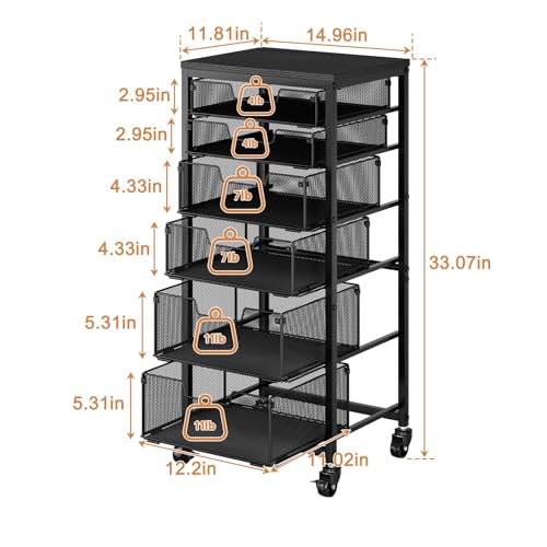 6-Tier Kitchen Storage Cart -Fruit Vegetable Storage Cart with Drawers, Wooden Top Metal Wire Kitchen Organizer and Storage Cart with Wheels to Storage Onions Potatoes Cans Snacks for Kitchen - size: 6-Tier Black