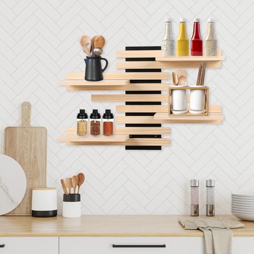 4-Tier Adjustable Wooden Floating Shelf Space-Saving Wall Mounted Shelf with Multiple Customizable Layouts Display Rack for Figurines Doll Small Plant Statue Wall Organizer for Living Room Bedroom