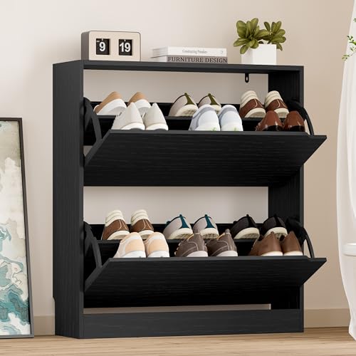 BORNOON Shoe Cabinet with 2 Flip Drawers, Slim Narrow Shoe Storage Cabinet, Freestanding Shoe Organizer with Adjustable & Removable Shelves, Top Display Shelf for Entryway, Hallway, Foyer, Closet - color: Black, size: 2 Drawers