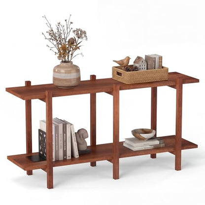 GOFLAME 2-Tier Wood Bookshelf, Mid-Century Modern Console Table with Storage Shelf, Solid Rubber Wood Legs, Horizontal Display Shelving Rack, Wooden Sofa Table for Living Room, Entryway, Walnut