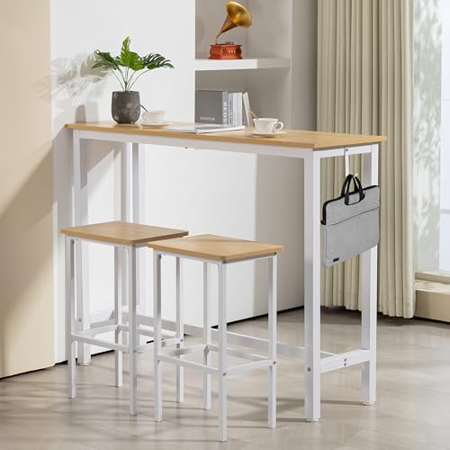 Finnhomy 52.7" Industrial Bar Table Set with 2 Stools - Counter Height Dining & Pub Table for Small Spaces, Kitchen, Apartment, Breakfast - Metal & Wood, Space-Saving Furniture - Oak Beige and White - color: Oak Beige+white, size: 52.7" Bar Table