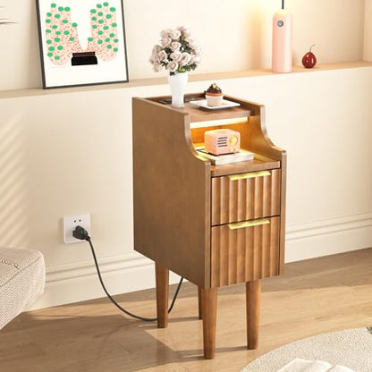 9.7" Narrow Nightstand Set of 2, Solid Wood Nightstand with Charging Station - color: Walnut 2 Pcs