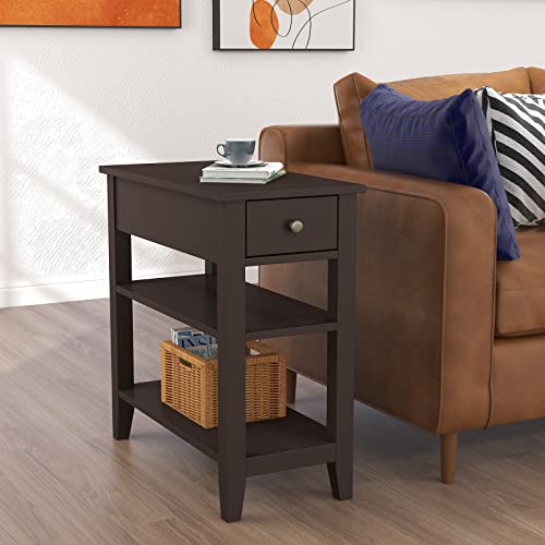 ChooChoo Side Table Living Room, Narrow End Table with Drawer and Shelf, 3-Tier Sofa End Table for Small Space, Espresso - color: Espresso