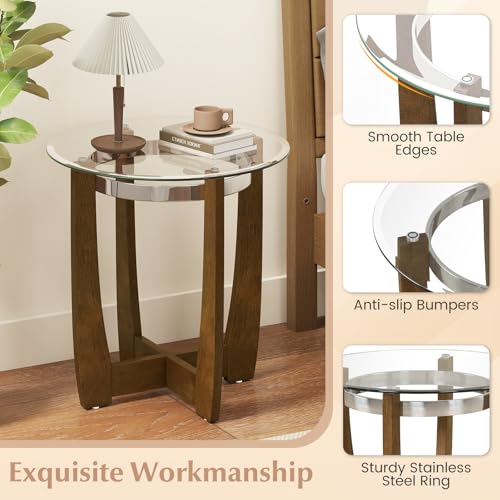 Giantex Round Glass End Table Set of 2, 24’’ Side Table with Tempered Glass Top, Nightstands with Cross & Solid Rubber Wood Base, Compact Bedside Night Stand for Bedroom Office Living Room (2, Walnut) - color: Walnut