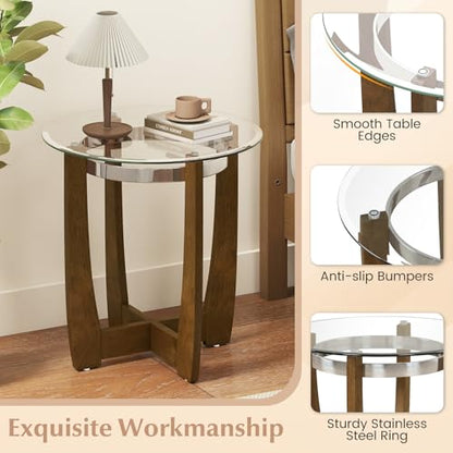 Giantex Round Glass End Table Set of 2, 24’’ Side Table with Tempered Glass Top, Nightstands with Cross & Solid Rubber Wood Base, Compact Bedside Night Stand for Bedroom Office Living Room (2, Walnut) - color: Walnut