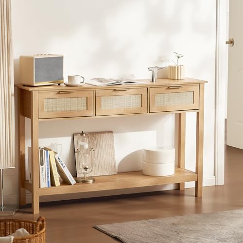 VEVOR Rattan Console Table with 3 Storage Drawers, Rattan Entryway Table with Natural Rattan Sliding Door, Console Sofa Table for Living Room, Study, Entryway Or TV Wall, Natural - size: 3 Drawers