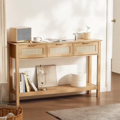 VEVOR Rattan Console Table with 3 Storage Drawers, Rattan Entryway Table with Natural Rattan Sliding Door, Console Sofa Table for Living Room, Study, Entryway Or TV Wall, Natural - size: 3 Drawers