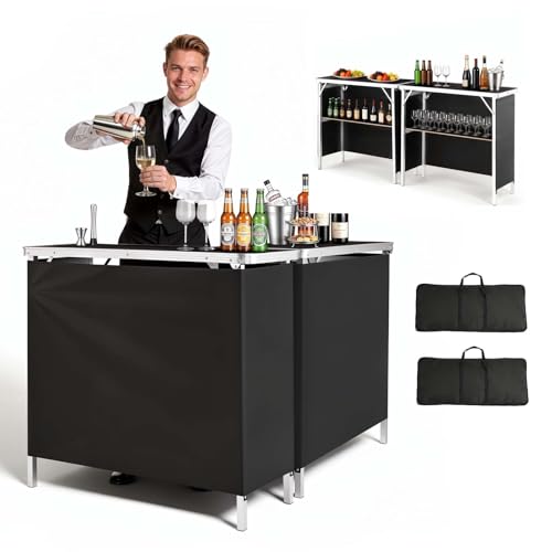 VEVOR Folding Portable Bar Table, 2 pcs, 38.6 x 15.2 x 34.3 in, with Carry Bag, Storage Shelf, Detachable Skirt, Quick and Easy Setup, Foldable Mobile Bartending Station for Events, Party, Tradeshow - size: 38.6 x 15.2 x 34.3 inches