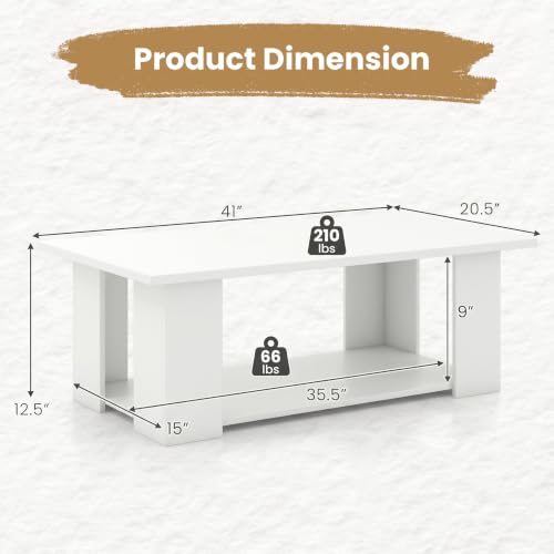 POWERSTONE 41 Inch 2-Tier Coffee Table with Storage Shelf, Wood Farmhouse Center Table with L Legs & Extra Bottom Support for Living Room, White - color: White