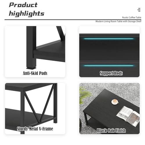 EXCEFUR Black Coffee Table, Modern Wood and Metal Living Room Table with Storage Shelf, 47 Inch - color: Black, size: 47 inch