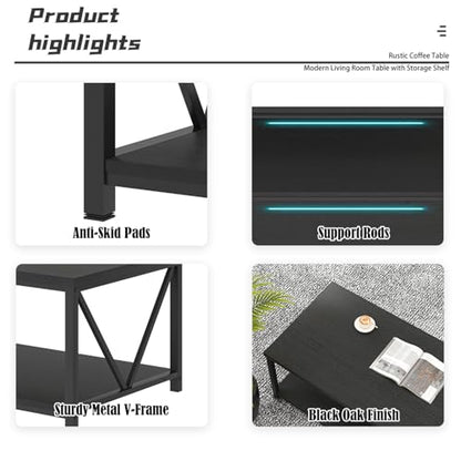 EXCEFUR Black Coffee Table, Modern Wood and Metal Living Room Table with Storage Shelf, 47 Inch - color: Black, size: 47 inch
