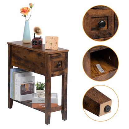 Brown 2 Pack Chairside Narrow End Table with Drawer, Solid Recliner Side Table with Storage Shelf, Slim Nightstand Bedside Table for Bedroom - size: 2 set brown