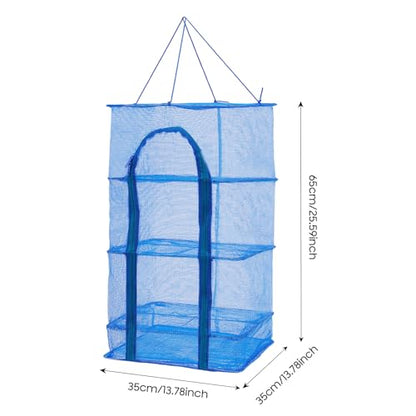 Herb Drying Rack, 4 Layers Foldable Drying Rack with Zipper Opening, Hanging Drying Net for Herbs, Fruits, Vegetables, Fish, Shrimp, Foldable Nylon Netting, Blue (13.78X13.78X25.59 in)