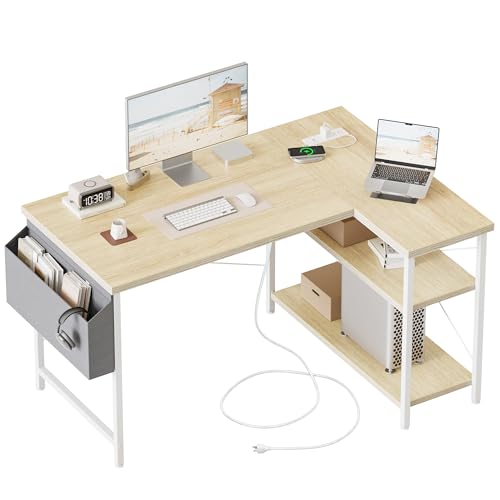 Mericonia Small L Shaped Computer Desk with Power Outlets, Reversible Gaming Desk with Storage Shelves, Corner Gamer Desk Table, Study Writing Table - color: Oak, size: 39.4 inch