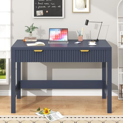 YOMILUVE Fluted Computer Desk with 2 Drawers, 39 Inch Small Computer Desk with Storage, Compact Writing Study Desk for Small Spaces, Blue - color: Blue