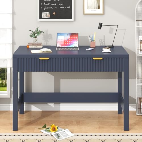 YOMILUVE Fluted Computer Desk with 2 Drawers, 39 Inch Small Computer Desk with Storage, Compact Writing Study Desk for Small Spaces, Blue - color: Blue