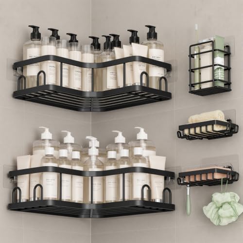 Veken Large Capacity Corner Shower Caddy 5-Pack, Advanced Rustproof Design | No Drilling Adhesive Shelves, Rack with Soap Holder & Hooks, Thickened Metal Frame, Bathroom Organizers and Storage, Black - color: Black