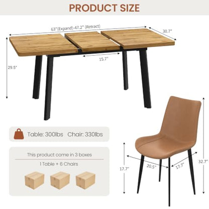 Extendable Dining Table Set for 4 to 8 People, 47.2" to 63" Modern Kitchen Table Set with 6 Leather Chairs, MDF Dining Room Table and Chairs with Removable Extension Leaf (Walnut Table+Brown Chairs) - color: 47.2'' - 63'' Walnut Table+6 Brown Chairs
