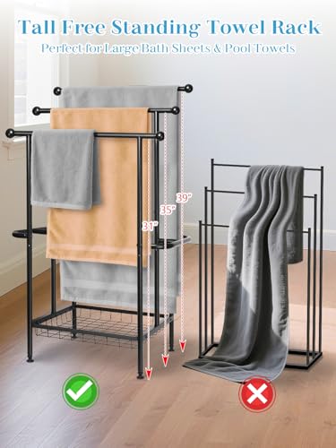 Freestanding Towel Rack for Bathroom, Pool & Outdoor, 3-Tier 39" Metal | Rust-resistant metal towel drying rack with storage basket, designed for oversized towels 24.4" L x 13" W x 39" H - size: 24.4"L x 13"W x 39"H