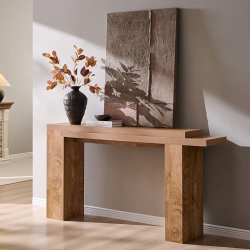 OKD 63" Modern Geometric Console Table with Layered Top, Light Tree Knot | Extended Layered Top, Sturdy Support Legs, Entryway, Hallway, Foyer, Living room, Behind Sofa - color: Light Tree Knot
