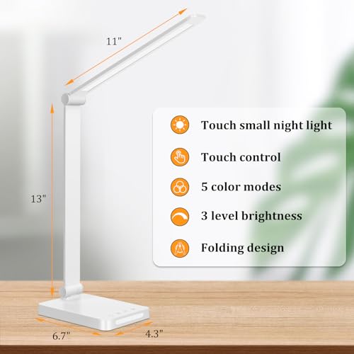 Dott Arts LED Desk Lamp with USB Ports, Touch Control, 5 Color Modes, 3 Brightness Levels, Foldable Design, White - color: White